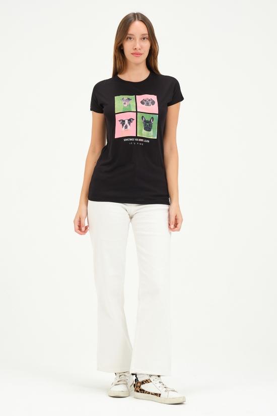 20601 GÖZLÜKLÜ 4 KÖPEK BASK. BAYAN KISA KOLU BEDENDE VSK TSHIRT