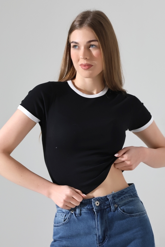 21832 KADIN FULL LYC PENYE KOMPAKT RİB.YAKA VE KOLAĞZI GARNİLİ BİSİKLET YAKA TSHIRT