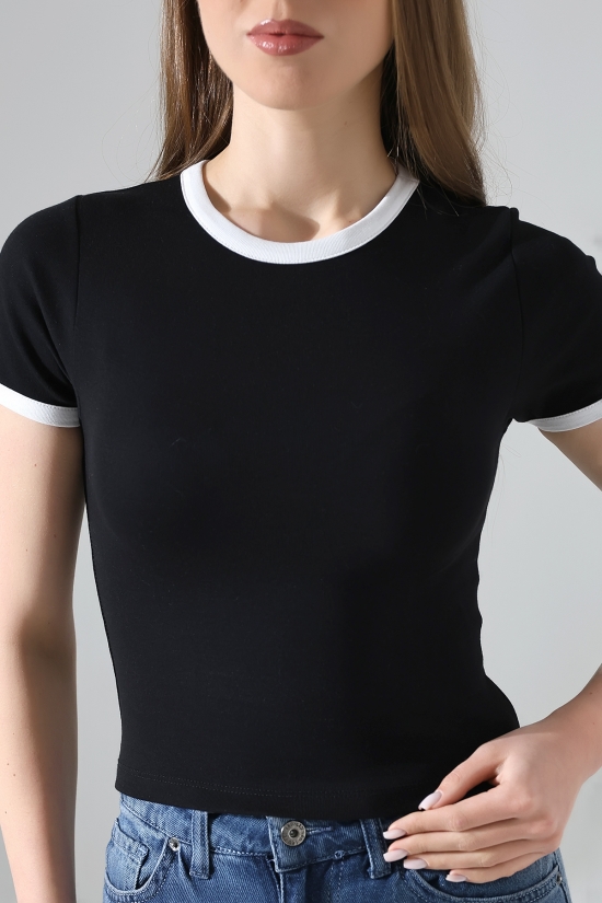 21832 KADIN FULL LYC PENYE KOMPAKT RİB.YAKA VE KOLAĞZI GARNİLİ BİSİKLET YAKA TSHIRT