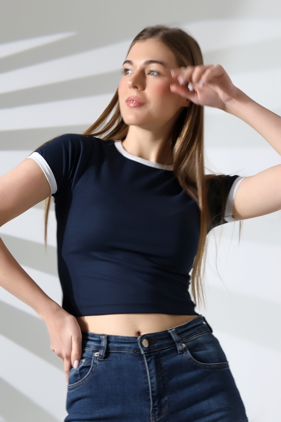 21832 KADIN FULL LYC PENYE KOMPAKT RİB.YAKA VE KOLAĞZI GARNİLİ BİSİKLET YAKA TSHIRT