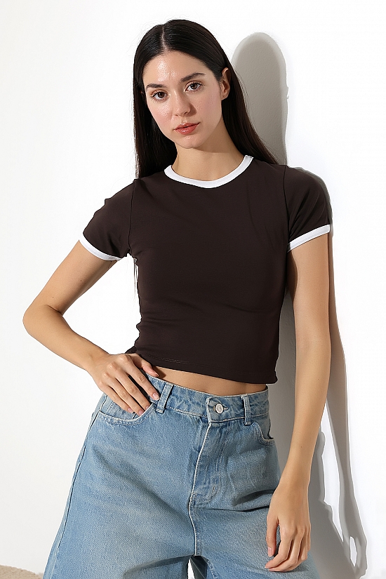 21832 KADIN FULL LYC PENYE KOMPAKT RİB.YAKA VE KOLAĞZI GARNİLİ BİSİKLET YAKA TSHIRT