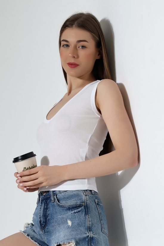 21899  KADIN DERİN V YAKA KOLSUZ LİKRASIZ RİB ATLET 