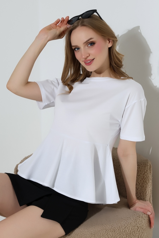 22173 KADIN BİSİKLET YAKA KISA KOL ÖN VE ARKA BEDEN PARÇALI ALTI VOLANLI PAMUKLU BLUZ 