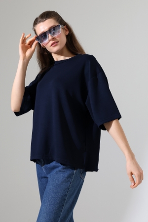 22286 KADIN YARIM KOL OVERSİZE YANLARI YIRTMAÇLI BİSİKLET YAKA DOUBLEFACE YUMUŞAK DOKU TSHIRT 
