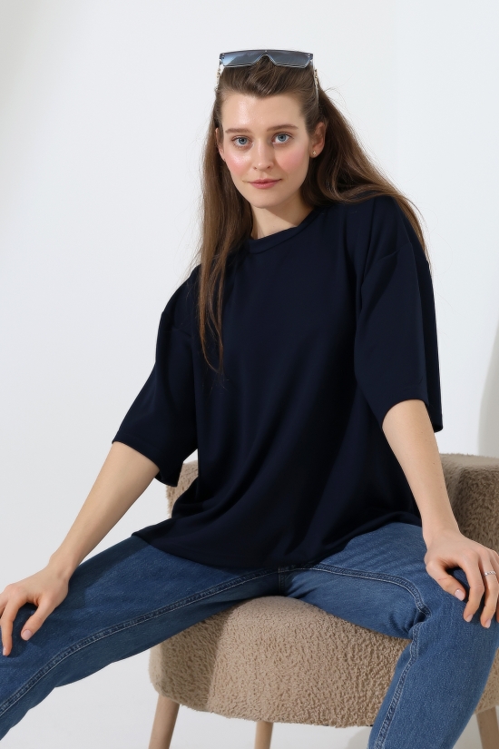 22286 KADIN YARIM KOL OVERSİZE YANLARI YIRTMAÇLI BİSİKLET YAKA DOUBLEFACE YUMUŞAK DOKU TSHIRT 