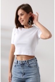 21560 KADIN PENYE COMP LİKRASIZ RİB PAMUKLU BİSİKLET YAKA CROP TSHIRT