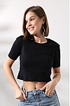 21560 KADIN PENYE COMP LİKRASIZ RİB PAMUKLU BİSİKLET YAKA CROP TSHIRT