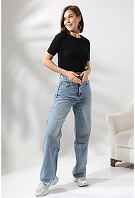 21560 KADIN PENYE COMP LİKRASIZ RİB PAMUKLU BİSİKLET YAKA CROP TSHIRT