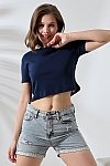 21560 KADIN PENYE COMP LİKRASIZ RİB PAMUKLU BİSİKLET YAKA CROP TSHIRT