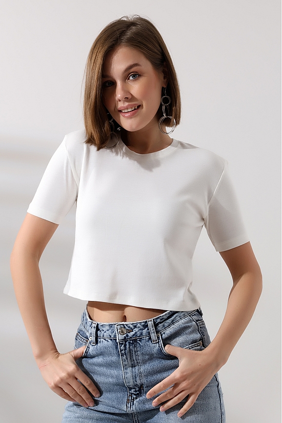 21560 KADIN PENYE COMP LİKRASIZ RİB PAMUKLU BİSİKLET YAKA CROP TSHIRT