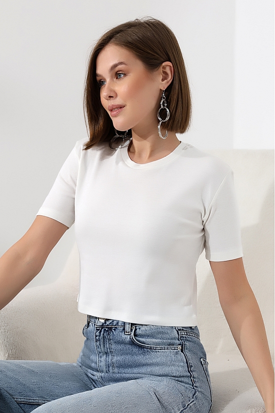 21560 KADIN PENYE COMP LİKRASIZ RİB PAMUKLU BİSİKLET YAKA CROP TSHIRT