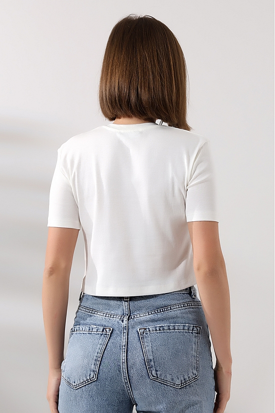 21560 KADIN PENYE COMP LİKRASIZ RİB PAMUKLU BİSİKLET YAKA CROP TSHIRT