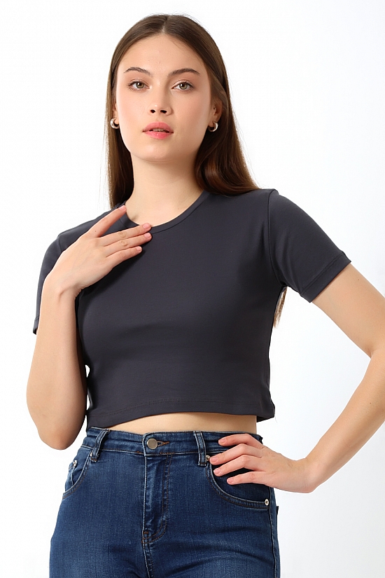 21560 KADIN PENYE COMP LİKRASIZ RİB PAMUKLU BİSİKLET YAKA CROP TSHIRT