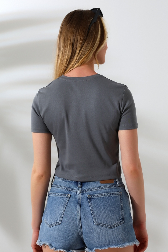 21560 KADIN PENYE COMP LİKRASIZ RİB PAMUKLU BİSİKLET YAKA CROP TSHIRT