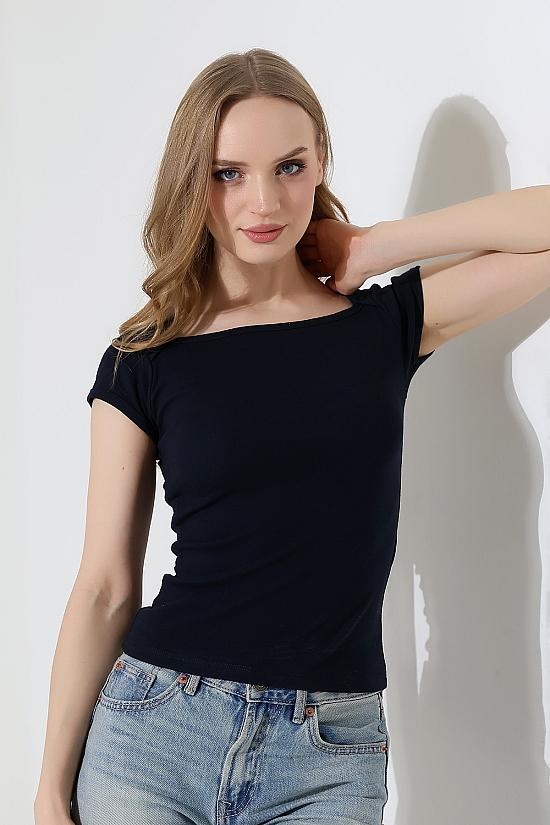 22101 KADIN KISA KOLUCU BİYELİ FULL LYC RİB KOMPAKT PENYE BİYELİ BİNDİRMELİ KARE YAKA T-SHIRT