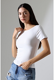 21996 KADIN KAYIK YAKA FULL LYC KOMPAKT PENYE KISA KOL TSHIRT 