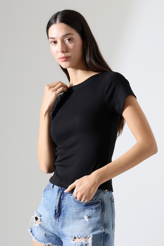 21996 KADIN KAYIK YAKA FULL LYC KOMPAKT PENYE KISA KOL TSHIRT 