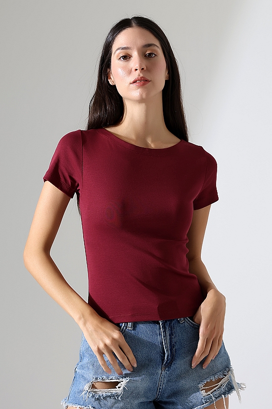 21996 KADIN KAYIK YAKA FULL LYC KOMPAKT PENYE KISA KOL TSHIRT 