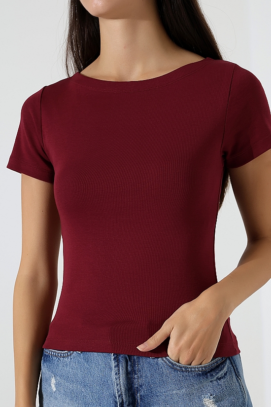 21996 KADIN KAYIK YAKA FULL LYC KOMPAKT PENYE KISA KOL TSHIRT 