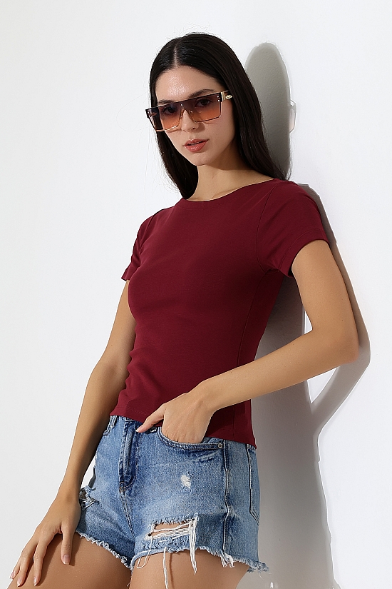 21996 KADIN KAYIK YAKA FULL LYC KOMPAKT PENYE KISA KOL TSHIRT 