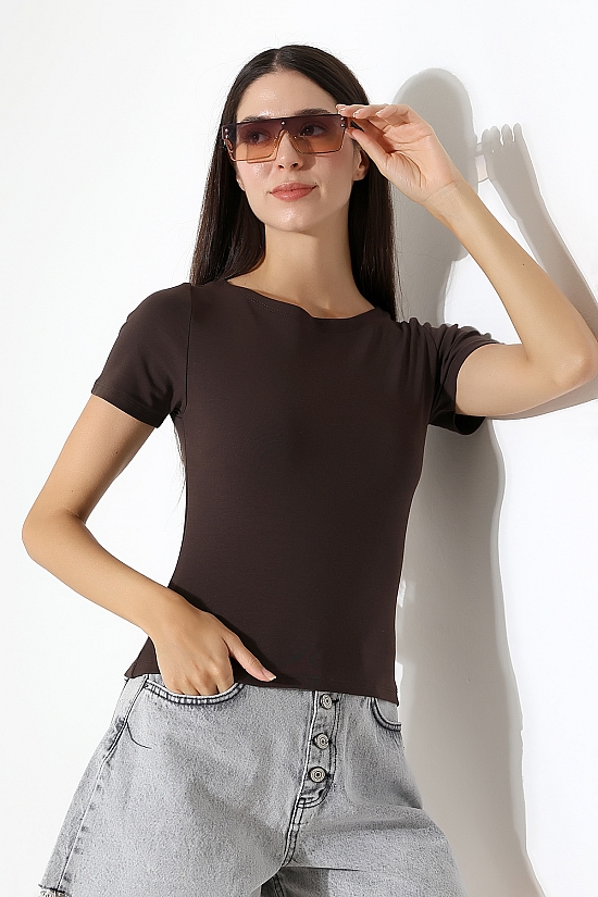 21996 KADIN KAYIK YAKA FULL LYC KOMPAKT PENYE KISA KOL TSHIRT 