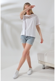 21667 KADIN KALIN FAYN PENYE KOMPAKT YAKA KAŞGORSELİ KISA KOL GENİŞ SALAŞ  TSHIRT