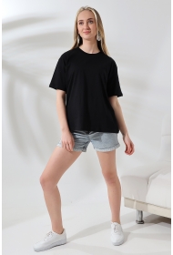 21667 KADIN KALIN FAYN PENYE KOMPAKT YAKA KAŞGORSELİ KISA KOL GENİŞ SALAŞ  TSHIRT