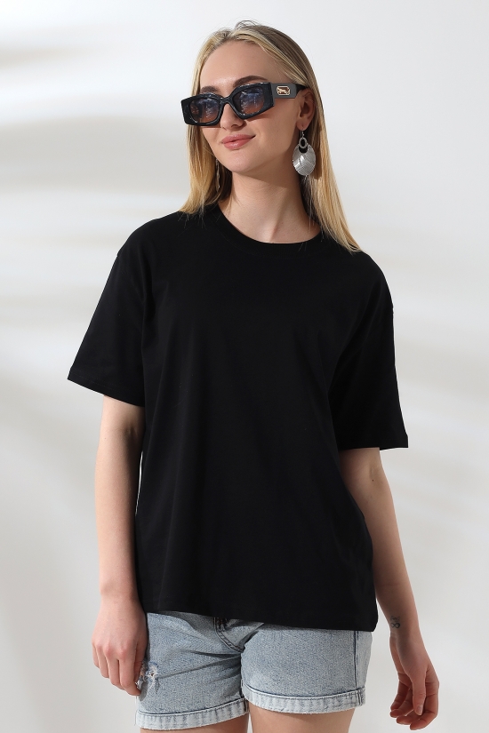 21667 KADIN KALIN FAYN PENYE COMPACK YAKA KAŞGORSELİ KISA KOL GENİŞ SALAŞ  TSHIRT