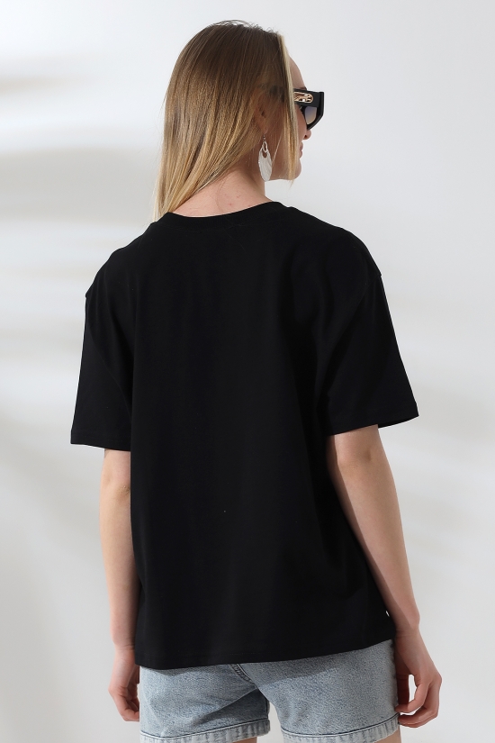 21667 KADIN KALIN FAYN PENYE COMPACK YAKA KAŞGORSELİ KISA KOL GENİŞ SALAŞ  TSHIRT