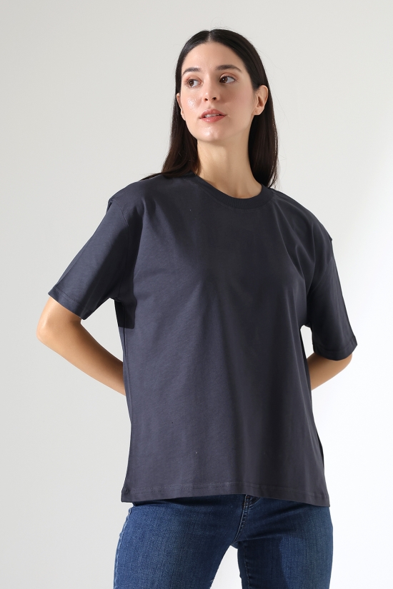 21667 KADIN KALIN FAYN PENYE KOMPAKT YAKA KAŞGORSELİ KISA KOL GENİŞ SALAŞ  TSHIRT