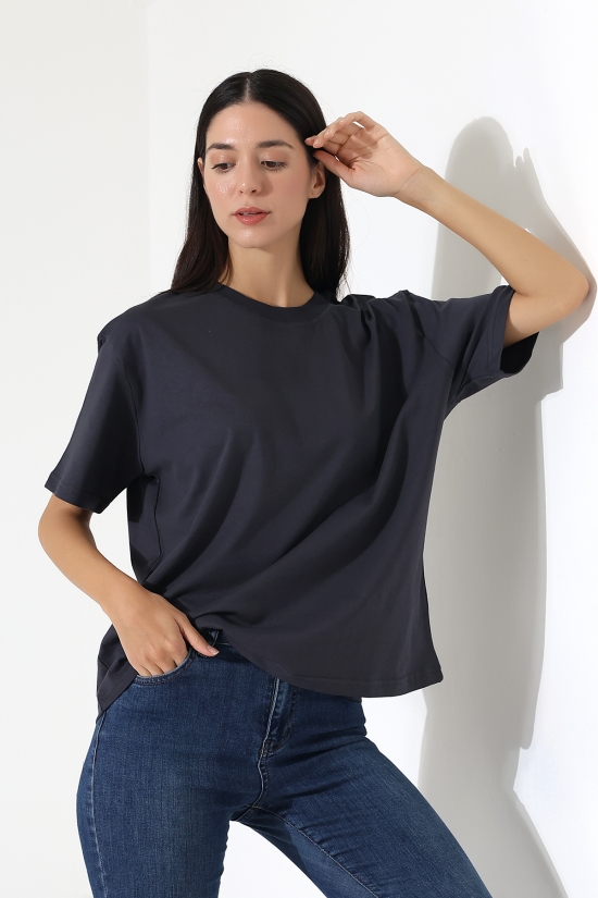 21667 KADIN KALIN FAYN PENYE KOMPAKT YAKA KAŞGORSELİ KISA KOL GENİŞ SALAŞ  TSHIRT
