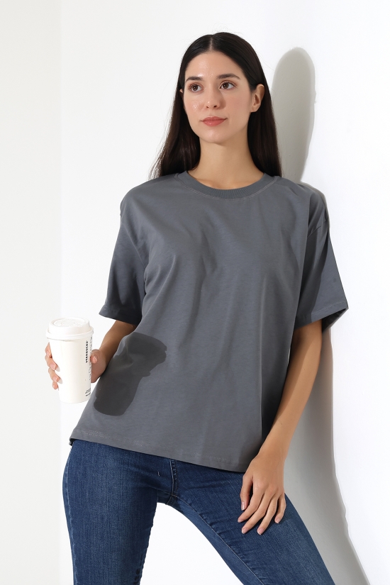 21667 KADIN KALIN FAYN PENYE KOMPAKT YAKA KAŞGORSELİ KISA KOL GENİŞ SALAŞ  TSHIRT