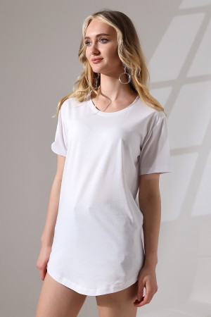 21733 KADIN ETEĞİ OVAL KISA KOL PAMUKLU  UZUN TSHIRT 