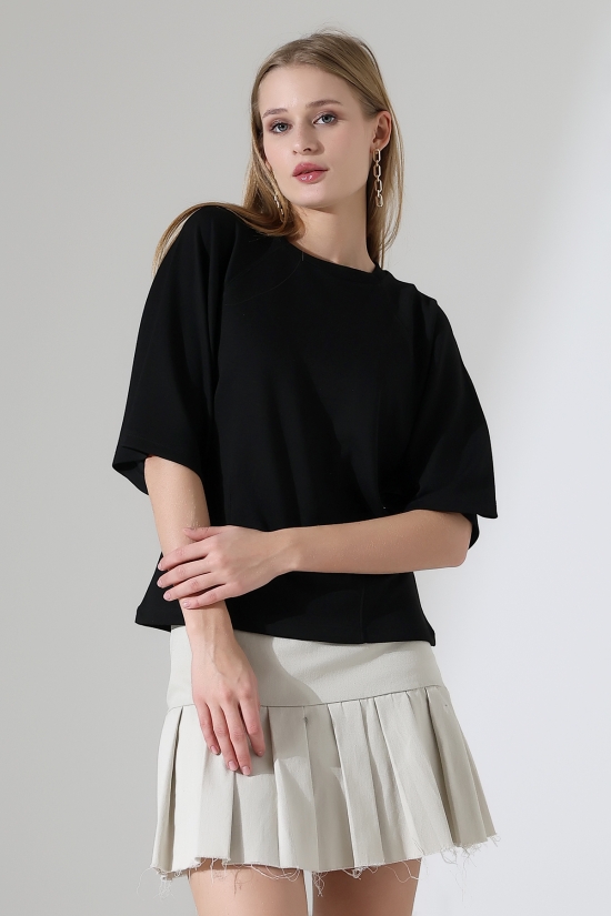 22152  KADIN SALAŞ REGLAN YARIM KOL ÖN VE ARKA BEDEN DİKEY PENSLİ BİSİKLET YAKA DOUBLEFAE YUMUŞAK DOKU  TSHIRT 