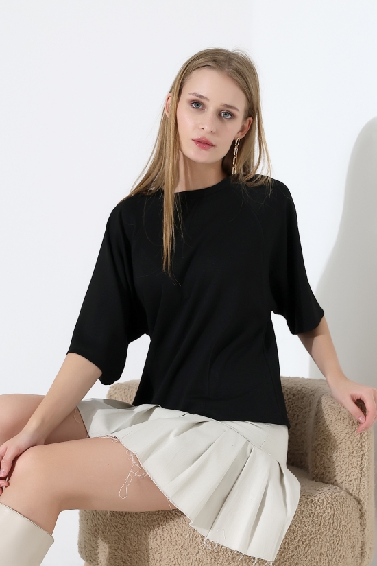 22152  KADIN SALAŞ REGLAN YARIM KOL ÖN VE ARKA BEDEN DİKEY PENSLİ BİSİKLET YAKA DOUBLEFAE YUMUŞAK DOKU  TSHIRT 