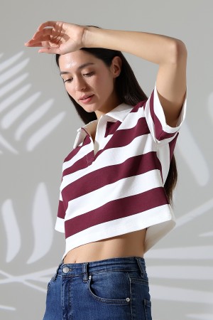 20444 KADIN KALIN ÇİZGİ PANO BASK.KISA KOL GÖMLEK YAKA POLO YAKA TSHIRT