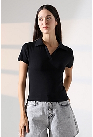 22023 KADIN FULL LYC RİBANA GÖMLEK YAKA PATLI KISA KOL TSHIRT