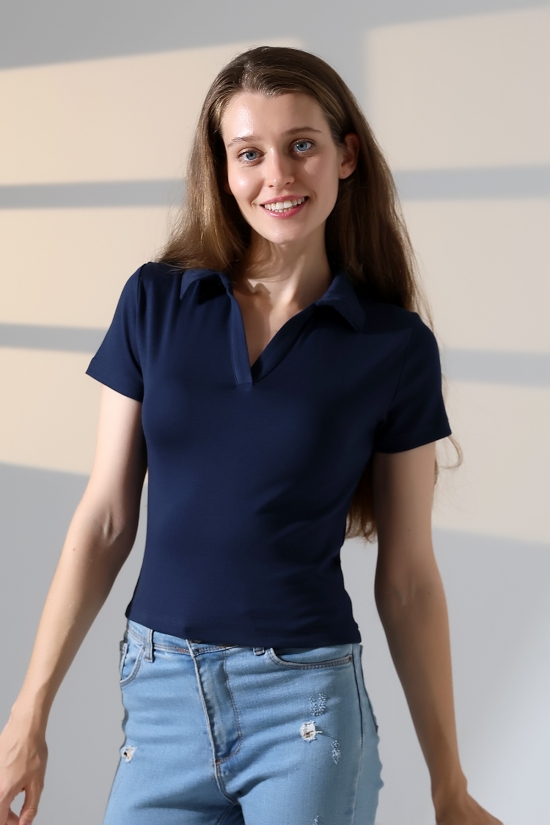 22023 KADIN FULL LYC RİBANA GÖMLEK YAKA PATLI KISA KOL TSHIRT