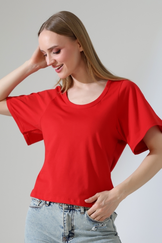 22295 KADIN KOMPAKT LYC SÜPR. YARIM GENİŞ KOLUCU BİYELİ OVAL U YAKA TSHIRT 