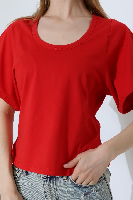 22295 KADIN KOMPAKT LYC SÜPR. YARIM GENİŞ KOLUCU BİYELİ OVAL U YAKA TSHIRT 
