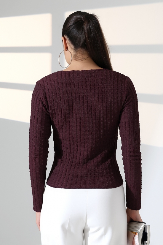 22111 KADIN JAKARLI VİYANA UZUN KOL V YAKA TSHIRT