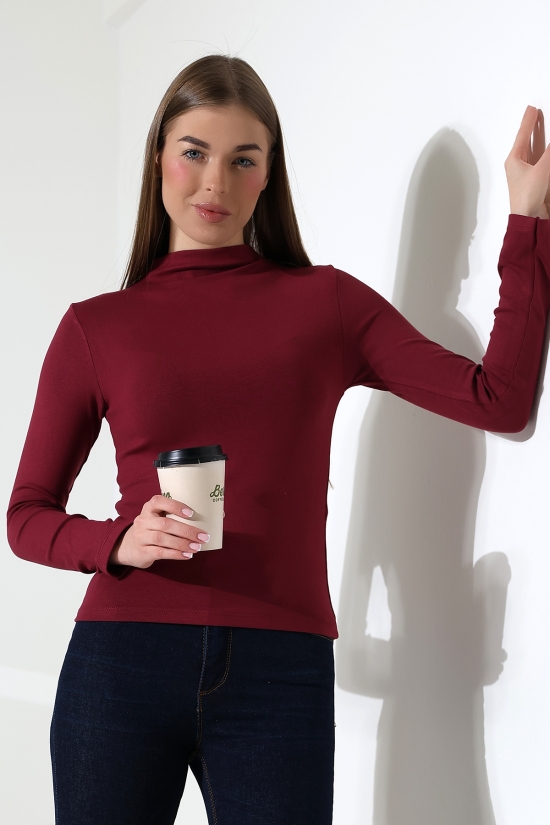 21950 KADIN KENDİLİĞİNDEN DİK YAKA  FULL LYC VİSK RİBANA UZUN KOL TSHIRT 