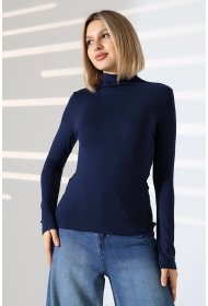 21950 KADIN KENDİLİĞİNDEN DİK YAKA  FULL LYC VİSK RİBANA UZUN KOL TSHIRT 