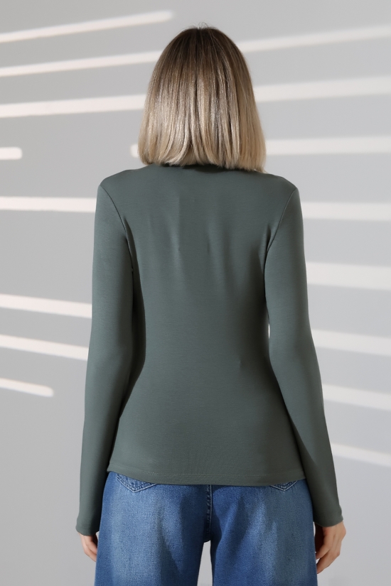 21950 KADIN KENDİLİĞİNDEN DİK YAKA  FULL LYC VİSK RİBANA UZUN KOL TSHIRT 