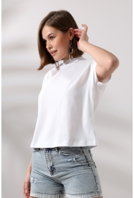 19588 KADIN DİK YAKA KISA KOLU BEDENDE PAMUKLU KISA TSHIRT