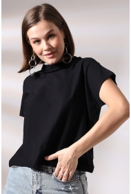19588 KADIN DİK YAKA KISA KOLU BEDENDE PAMUKLU KISA TSHIRT
