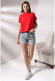 19588 KADIN DİK YAKA KISA KOLU BEDENDE PAMUKLU KISA TSHIRT