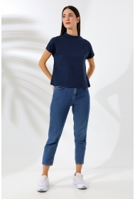 19588 KADIN DİK YAKA KISA KOLU BEDENDE PAMUKLU KISA TSHIRT