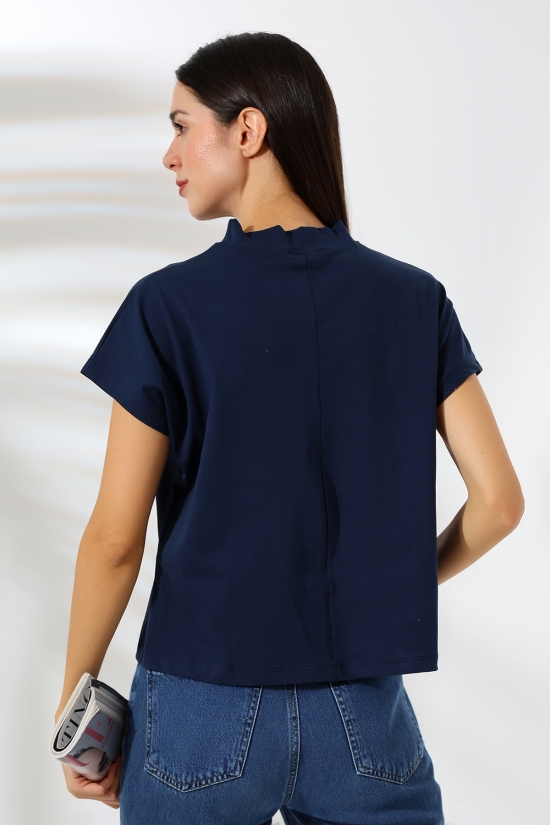 19588 BAYAN DİK YAKA KISA KOLU BEDENDE PAMUKLU KISA TSHIRT