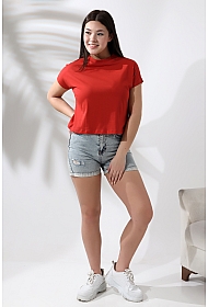 19588 KADIN DİK YAKA KISA KOLU BEDENDE PAMUKLU KISA TSHIRT
